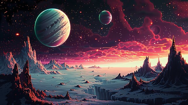 Space landscape. 8bit pixel game