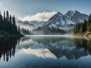 Mountainous Terrain:
Imagine a serene landscape featuring towering snow-capped mountains, with a crystal-clear lake reflecting the surrounding peaks. Pine trees dot the hillsides, and a gentle mist ho