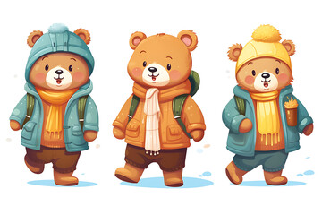 Set of cute bears in winter clothes. Vector illustration isolated on white background.