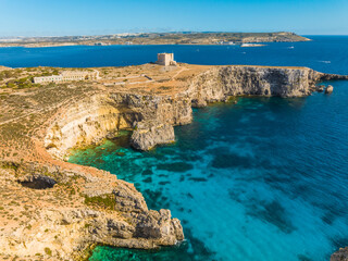 Crystal lagoon and Tower on Comino island. Mediterranean sea, Malta country © Karina Movsesyan