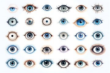 Set of eyes. Different types of eyeballs, different lens colors, Vector illustration.