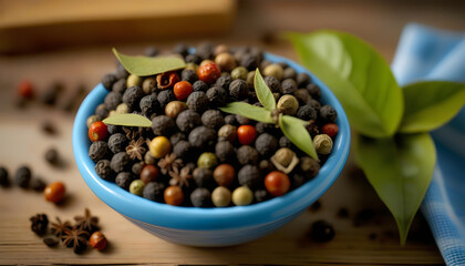 A blue bowl filled with black peppercorns and a sprig of bay leaves on a wooden surface - Powered by Adobe