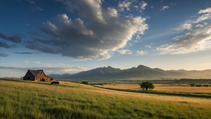 Rolling Plains:
Picture vast grassy plains stretching to the horizon, with scattered clusters of trees and grazing herds of wildlife. A distant mountain range provides a dramatic backdrop, while a lon - Powered by Adobe