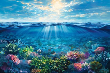 underwater seascape divided by waterline ocean depths and sunlit surface abstract illustration