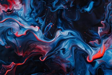 vibrant acrylic paint swirls in shades of blue and red abstract ink blot on black background