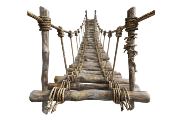 Jungle hanging bridge made of ropes and wooden planks isolated on transparent background