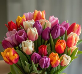 A woman tender grasp cradles a vivid array of tulips