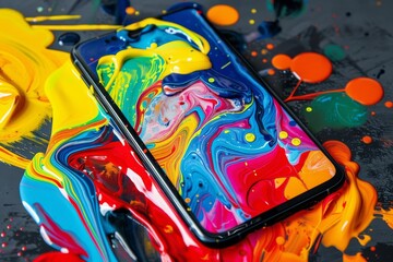 vibrant splashes of colorful paint adorning modern smartphone creative abstract still life photography
