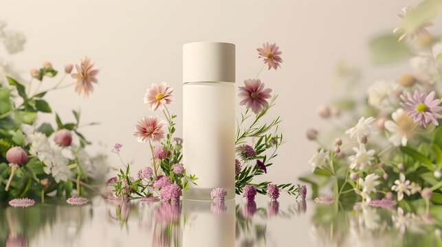 Premium Minimalist Skin Lotion with Surrounding Floral and Botanical Accents