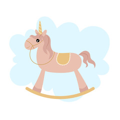 Baby toy for baby girl. Unicorn rocking. Vector illustration for design cards, posters, stickers, stickers.