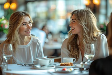 joyful image of a two business woman talking at the restaurant of the coffee shop, drinking, tea, dynamic angle,
