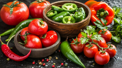 A bowl of tomatoes and peppers sits on a counter