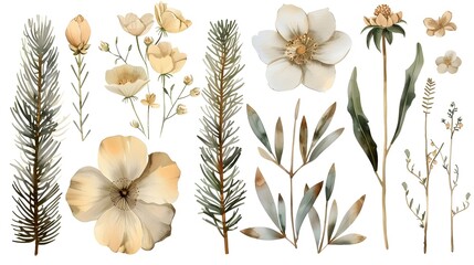 Beautifully Detailed Watercolor Floral and Evergreen Botanical Set
