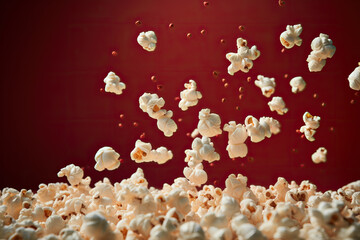 Captivating Popcorn Explosion Mid Air with Dynamic Red Background