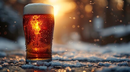 Winter time and cold fresh beer on stone with snow decoration and landscape of mountains.