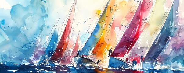 A watercolor painting of sailboats racing in a rough sea. The sails are brightly colored and the water is a deep blue. The boats are all in a hurry to reach their destination.