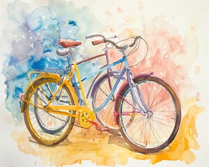 Two watercolor bicycles, yellow and blue, are parked side by side. The background is a colorful watercolor wash. The painting is done in a loose, sketchy style.