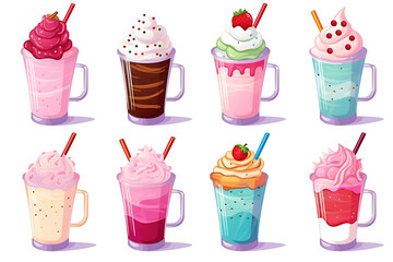 Illustration of a set of different types of milkshakes on a white background