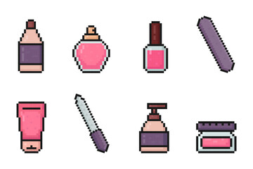 beauty products pixel art icons, various cosmetics, 80s, 90s, old arcade game style, shampoo, perfume, nail polish, nail file, cream, lotion, moisturizer, skin care, vector illustration