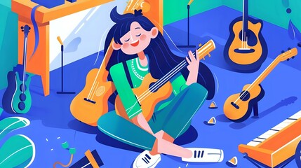 Happy woman playing various musical instruments with a smile