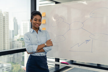 A woman stands in front of a white board with a diagram on it and gives a presentation the work plan at the meeting room.