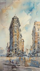 New York City street scene with a focus on the Flatiron Building. The painting is done in a watercolor style.