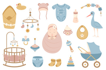 Cute baby set. Cradle, stroller, toys, pacifier. Collection of vector elements on white background for design of postcards, posters, stickers, stickers.