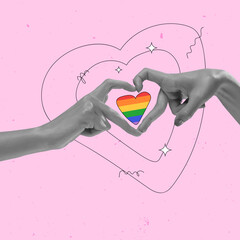 Human hands forming heart shape with rainbow heart symbol inside against pink background. Contemporary art collage. LGBT, equality, pride month, support, love, human rights concept