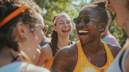 Portray the vitality of a group of friends participating in a fun outdoor fitness boot camp, laughing and encouraging each other.