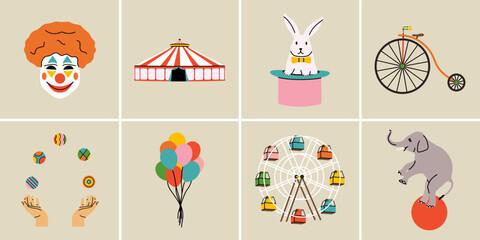 Circus elements in modern flat, line style. Hand drawn illustrations: clown mask, tent, rabbit in a hat, vintage bike, juggling hands, colorful balloons, attraction, elephant on the ball © DELstudio