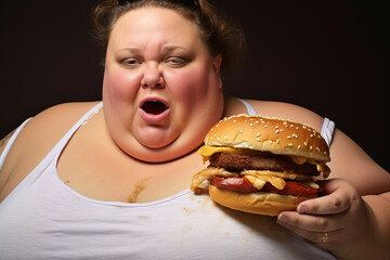 Caucasian fat woman with a big burger. Obese young woman with hamburger. The concept of obesity and overeating.