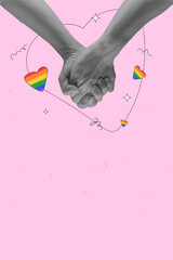 Monochrome hands holding over rainbow heart, symbol of LGBTQIA against pink background. Contemporary art collage. LGBT, equality, pride month, support, love, human rights concept