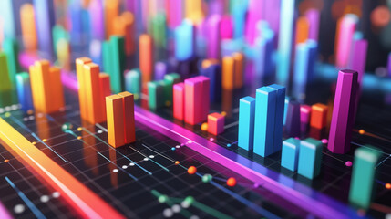 Obraz premium Vivid 3D illustration of colorful graph bars on a digital display, representing dynamic data visualization in a modern tech environment. 