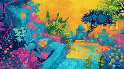 Obraz przedstawia pejzaż ogrodu pełnego kolorowych kwiatów i zróżnicowanych drzew. Światła i cienie nadają kompozycji głębię i trójwymiarowość.