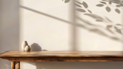 Shadow on white wall with empty table for product presentation, minimal, copy space texture background.