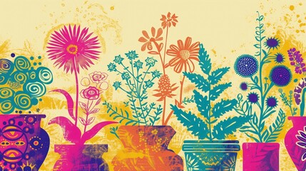 Grupa wazonów wypełnionych różnymi rodzajami kwiatów, prezentujących różnorodność kolorów i form roślin.