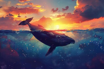 majestic whale silhouette swimming in vibrant sunset ocean digital illustration