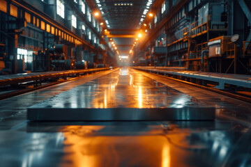 Obraz premium Steel sheet production line with shiny, smooth steel sheets emerging under bright factory lights. AI generated.