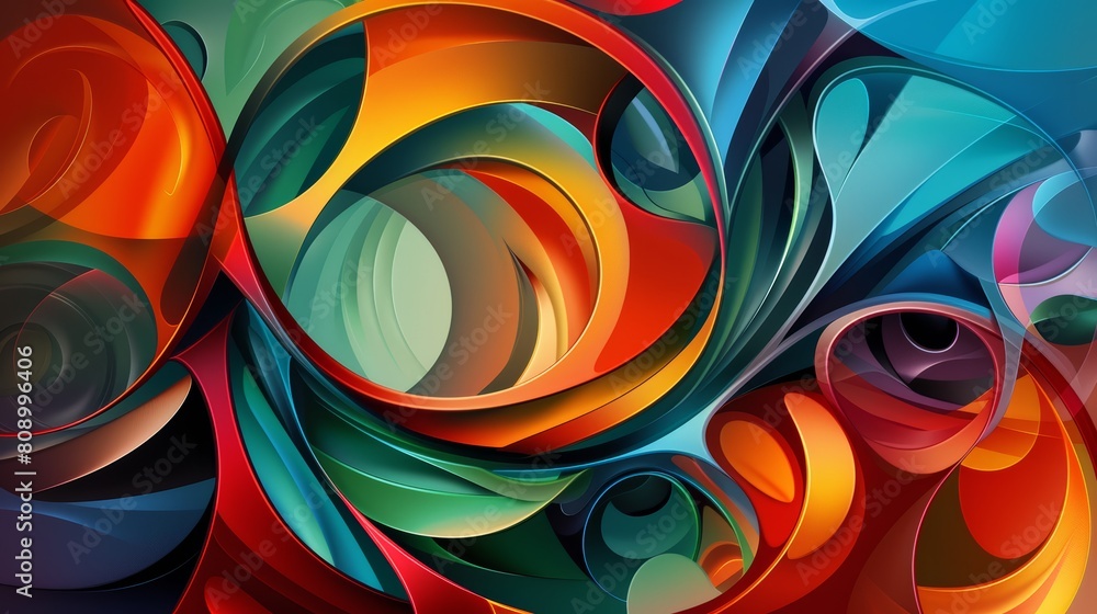 Poster dynamic curves composition, a vibrant abstract background featuring dynamic, flowing curves and circ