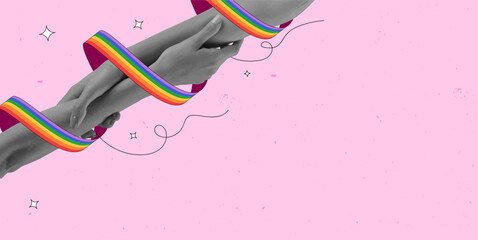 Unity and freedom. Human hands holding with colorful rainbow string around hands against pink background. Contemporary art collage. LGBT, equality, pride month, support, love, human rights concept