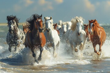 joyful image of a herd of white and brown horses running through the river, sea, beach, water, dynamic angle, 