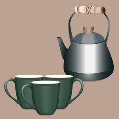 steel  kettle and green cups