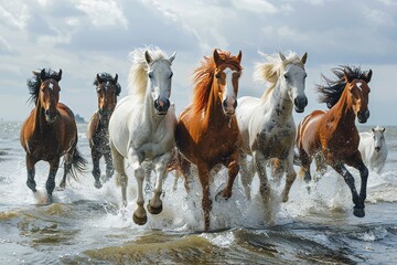 joyful image of a herd of white and brown horses running through the river, sea, beach, water, dynamic angle, 