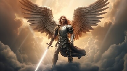 Archangel Michael with wings in knight armor with sword rises in sky. Saint Michael Archangel with long hair protects calm and good from evil impure forces by standing in battle readiness in sky