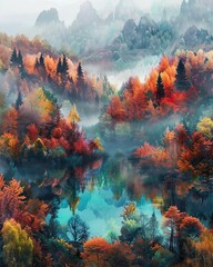 A beautiful landscape of a mountain valley in the fall