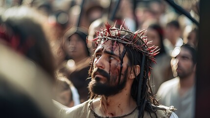 The path of Jesus through the crowd of unbelievers to Calvary. Jesus experiences pain while wearing the crown of thorns. Jesus bowed his head as the Savior suffered great pain.