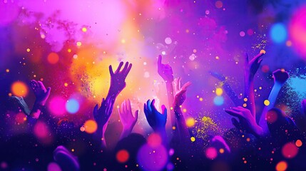 Grupa ludzi w tłumie podnosi ręce w powietrze, biorąc udział w święcie kolorów Holi. Radośnie celebrują wydarzenie, unosząc się w kolorowym pyłku.