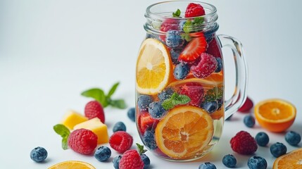 colorful fruit detox water on isolated background, featuring red strawberries, blueberries, and oranges, with a glass handle in the foreground