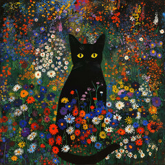 painting of a black cat sitting in a field of flowers