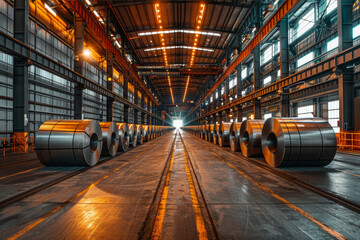 Fototapeta premium Freshly rolled large steel coils in a spacious industrial warehouse, ready for distribution.. AI generated.
